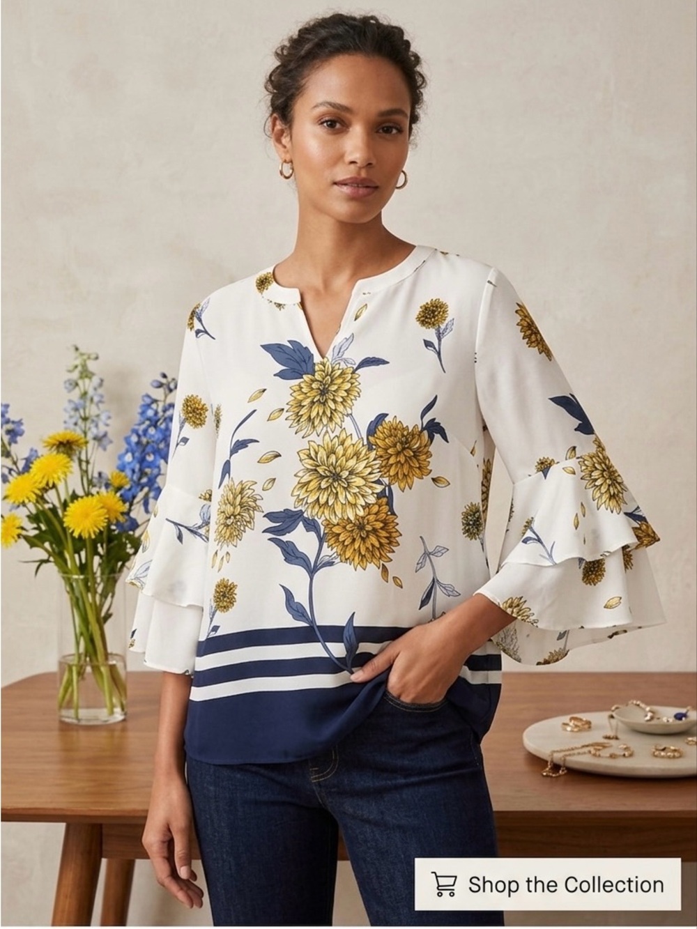 Ann Taylor Cream Blouse with Yellow Floral & Navy Accents